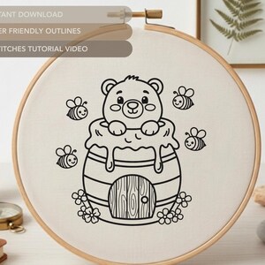 Patrón de bordado "Oso en tarro de miel": Diseño de abeja para principiantes