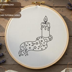 Celestial Candle Embroidery Pattern (NO STITCH GUIDE) | Moon and Stars Hand Embroidery Design