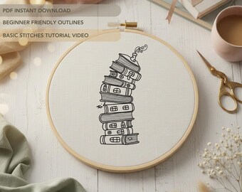 Book Embroidery Pattern | Whimsical Books Hand Embroidery Template
