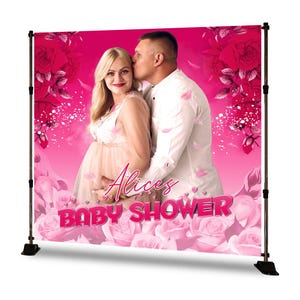 Romantic Pink Baby Shower Backdrop – Custom Name Floral Background for Alice – Rose Petal Girl Party Banner