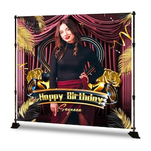 Burgundy and Gold Birthday Backdrop – Curtain & Roses Theme – Custom Happy Birthday Banner for Girl