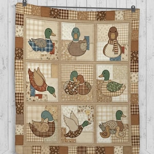 Quilt Blanket: Mallard Duck Illustrations, Neutral Brown Plaid