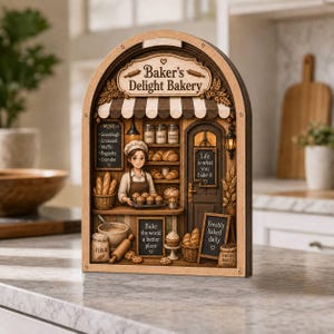 May include: A wooden arched diorama of Baker's Delight Bakery featuring a miniature baker, shelves with jars and bread, and signs with text including Life is what you bake it, Bake the world a better place, and Freshly baked daily.