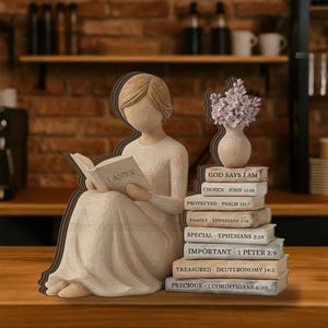 May include: A wooden figurine of a seated woman reading a book with the name "LANEY" on the cover. Beside her is a stack of books with inspirational phrases and a vase of flowers. The figurine is light brown.