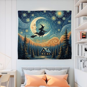 Halloween Witch Moon Tapestry, Starry Night Forest Wall Hanging, Spooky Fall Decor, Gothic Witchy Art for Bedroom or Living Room, Decor Gift
