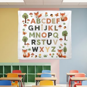 Woodland ABC Alphabet Wall Tapestry, Fox Nursery Decor, Kids Room Educational Banner, Forest Theme Learning Poster for Toddlers, Classroom