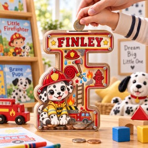 May include: A wooden letter F-shaped money box featuring a firefighter dalmatian puppy illustration, a red fire engine, a fire hydrant, and a hose. The name FINLEY is printed at the top. The clear front panel allows coins to be visible inside.