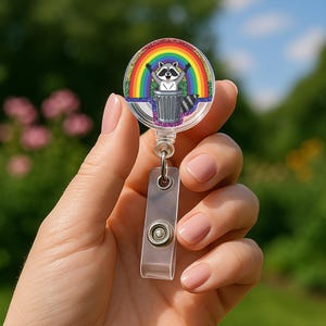 Rainbow Raccoon Badge Reel: Pride Animal ID Holder