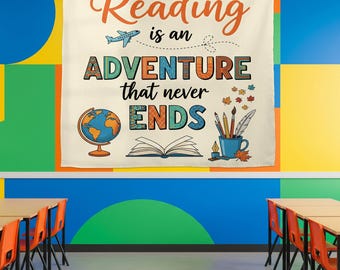 Reading Adventure Tapestry, Classroom Library Wall Art, Kids Book Corner Decor, Teacher Literacy Poster, Motivational Reading Sign