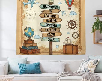 Adventures in Learning Tapestry, Travel Classroom Wall Decor, Educational Explorer Banner, Teacher Map Theme Art, Growth Quote Sign, Teacher