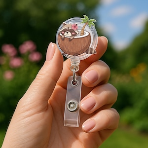 Cute Raccoon Coconut Badge Reel, Tropical ID Holder, Summer Nurse Badge, Funny Animal Clip, Palm Tree Work Accessory, Beach Gift, Cute Gift
