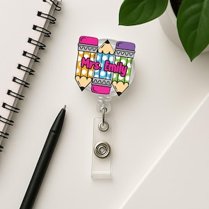 Custom Teacher Badge Reel – Colorful Pencil Name ID Holder for Educators, Personalized Back to School Gift for for Teacher, Educator, Staff