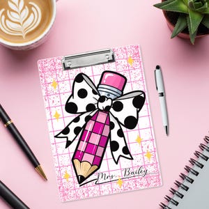 Personalized Teacher Clipboard: Pink Pencil Bow Glitter Design