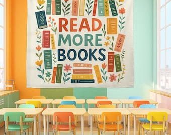 Read More Books Banner – Colorful Classroom Library Wall Decor with Flowers and Books – Reading Motivation Poster for Teachers, Kids