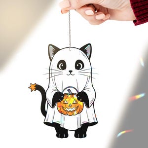 Halloween Cat Suncatcher, Ghost Cat Window Decor, Cute Black Cat Ornament, Pumpkin Trick or Treat Kitty, Spooky Fall Decoration, Home Decor