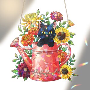 Black Cat Suncatcher: Stained Glass Style Floral Window Hanging