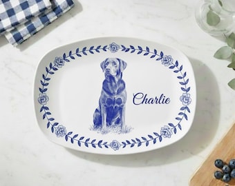 Personalized Dog Platter: Blue Toile Pet Portrait, Custom Name - Decor Only