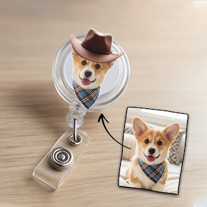 Custom Dog Photo Badge Reel, Personalized Pet ID Holder, Custom Dog Cowboy Name Tag Clip, Cute Animal Nurse Gift, Vet Tech Accessory, Pet ID