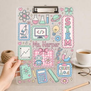 May include: A clear clipboard featuring a colorful STEM-themed print with icons of a microscope, computer, robot, calculator, and DNA strand. The text Ms. Harper is printed in the center, with the word STEM vertically aligned on the right side.