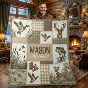 Spersonalizowany kocyk: patchworkowa narzuta na łóżko z motywem myśliwskim, z niestandardowym nadrukiem imienia