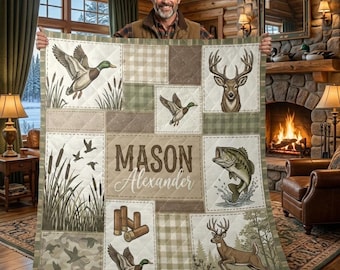 Personalized Quilt Blanket: Hunting Theme Patchwork Bedspread, Custom Name Design