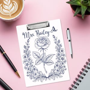Personalized Floral Clipboard, Custom Rose Teacher Gift, Elegant Botanical Office Decor, Back to School Supplies for Educators, Teacher Gift