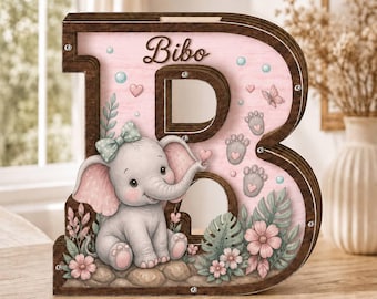 Personalized Wooden Letter Piggy Bank, Safari Animal Initial Coin Box