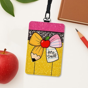 Personalized Teacher ID Badge, Pencil Apple Bow Name Tag, Glitter School Lanyard Card, Cute Classroom Staff ID Holder, Custom Teacher Gift