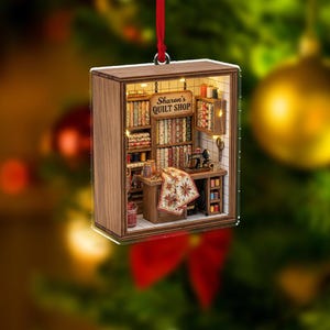 Könnte beinhalten: Miniatur-Holzschmuck in Form eines Quilt-Shops. Der Schmuck zeigt Regale voller Stoffe, eine Nähmaschine und den Text "Sharon's QUILT SHOP". Er ist mit kleinen Lichtern beleuchtet und hat ein rotes Band zum Aufhängen.
