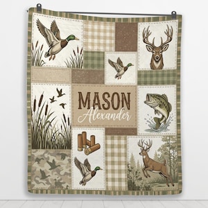 Trapunta personalizzata: copriletto patchwork a tema caccia, con nome personalizzato.