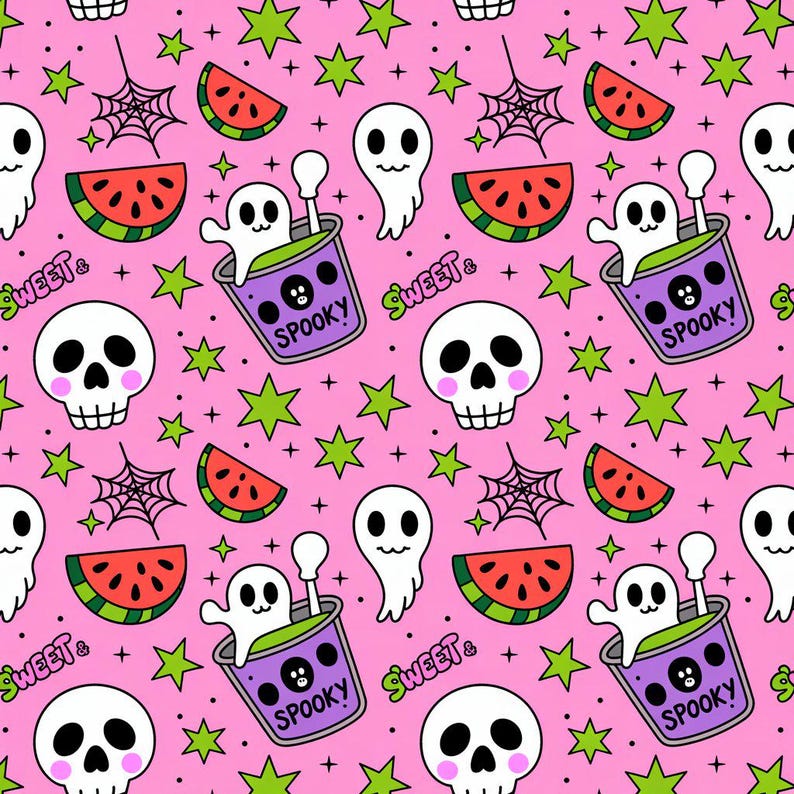 Sweet and Spooky Halloween Watermelon Ghost Pattern – Kawaii Seamless ...