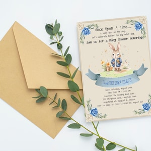 Woodland Baby Shower Invitation Boy, Bunny Storybook Baby Shower Template, Editable Rustic Blue Floral Invite, Printable Baby Shower Card