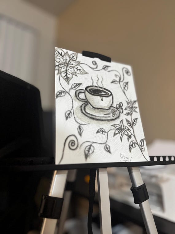 鉛筆画「A coffee break」　B5大サイズ Original Coffee & Floral Pencil Drawing – 8x10 Canvas Art – Hand