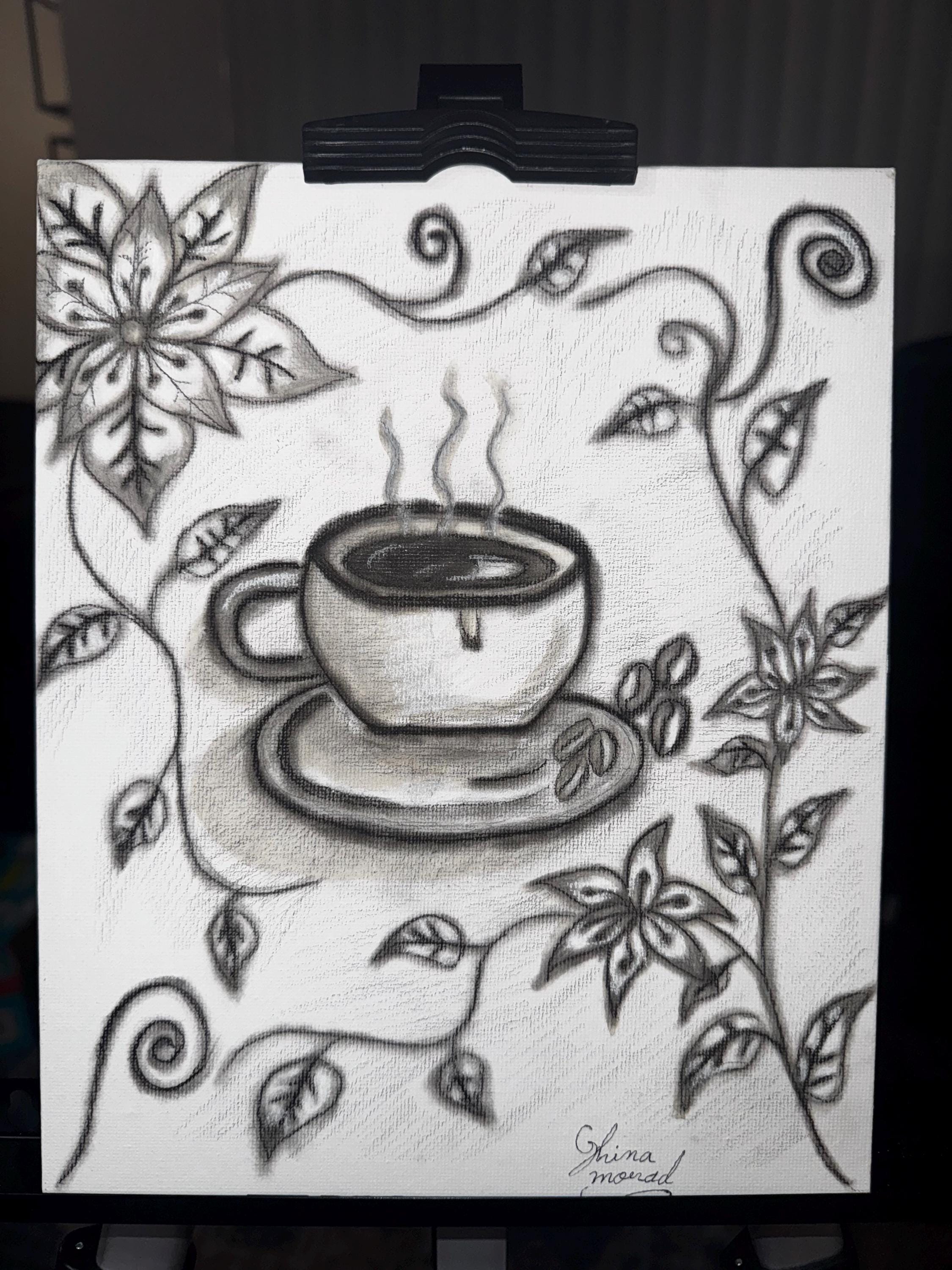 Original Coffee & Floral Pencil Drawing – 8x10 Canvas Art – Hand