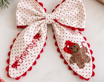 Personalized Christmas Hair Bow, Gingerbread Girl Bow, Girls Christmas Bow, Hand Embroidered Name Bow, Red Holiday Hair Bow, Kids Gift