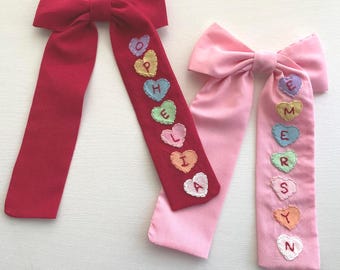 Girls valentine long tailed hair bow candy hearts pretty bow