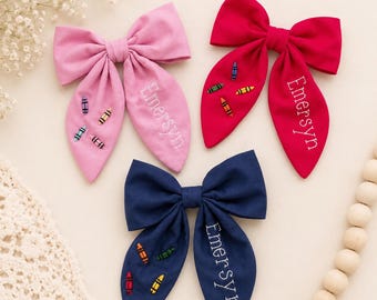 Personalized Embroidered Back to School Hair Bow: Crayon Design