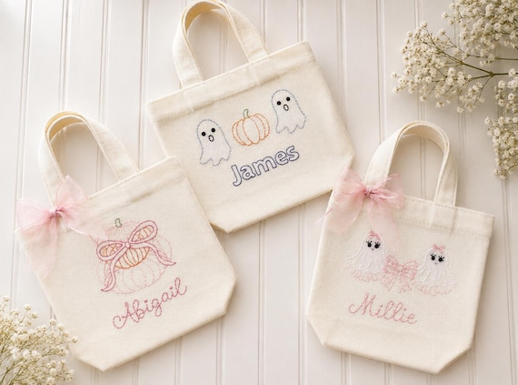 Hand Embroidered Halloween Treat Bag: Personalized Kids Candy Tote