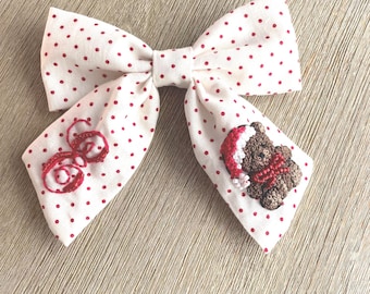 Hand embroidered girls Christmas Santa teddy bear hair bow