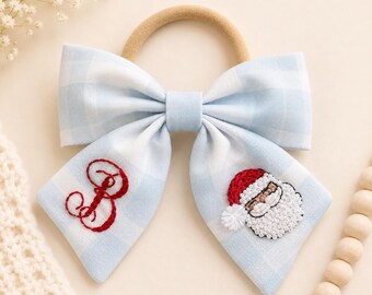 Girls hand embroidered baby blue gingham santa hair bow