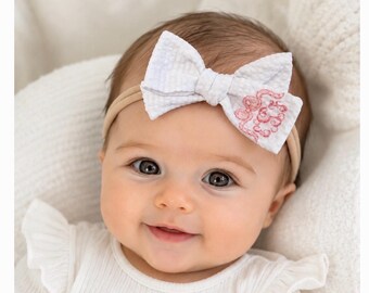 Personalized Baby girls white seersucker monogrammed hair bow