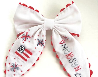 Personalized Girls 4th of July hand embroidered preppy hair bow flag fireworks