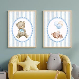 Set of 2 Blue Teddy Bear Nursery Prints Baby Boy Room Wall Art Bundle Watercolor Bear Digital Posters Teddy Bear Nursery Decor for Boys