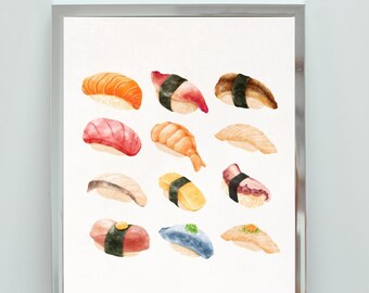 Japandi Sushi Watercolor Print: Kawaii Asian Food Art (Digital Download)