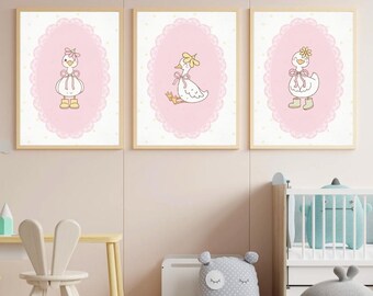 Goose Nursery Print Set: Pastel Pink Duck Wall Art (Digital Download)