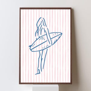 Minimalist Surfer Girl Print: Pink Striped Coastal Boho Art (Digital Download)