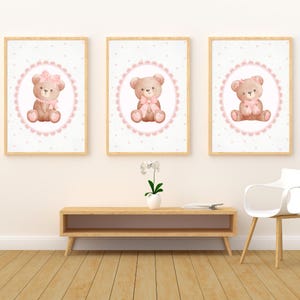 Teddy Bear Nursery Prints: Pink Watercolor Bear Trio (Digital Download