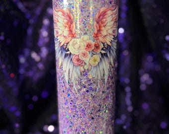 Angel Wings Glitter Tumbler – Memorial Cup with Roses, Inspirational Gift, Custom Glitter Drinkware