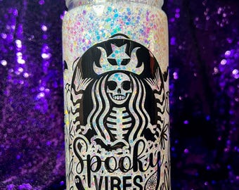 Spooky Vibes Glitter Tumbler – Halloween Skeleton Cup, Gothic Coffee Cup