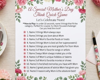 Mothers Day Trivia Worksheet Game, Mothers Day Think Quick, Mothers Day Think Fast Game, Mothers Day Brunch Game, Mothers Day Luncheon Game